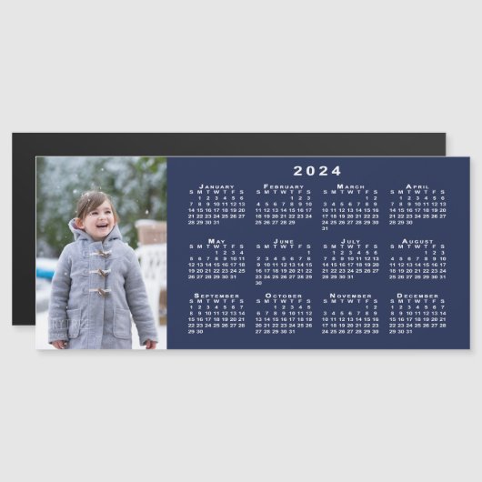 Fügen Sie Ihren Foto 2024 Kalender auf Navy Blue M Magnetkarte (Vorne/Hinten)