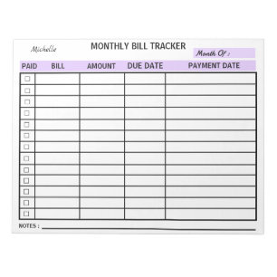 Fügen Sie Ihren Namen monatlich Bill Tracker Perso Notizblock