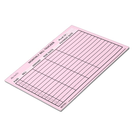 Fügen Sie Ihren Namen monatlich Bill Tracker Perso Notizblock (angewinkelt)