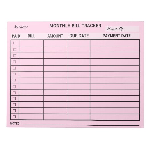 Fügen Sie Ihren Namen monatlich Bill Tracker Perso Notizblock (Vorderseite)