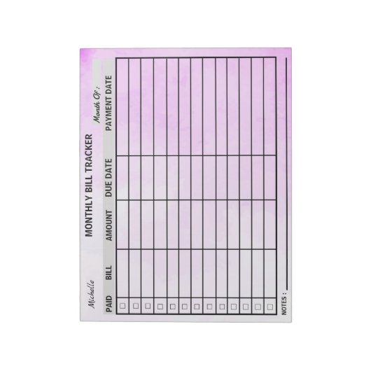 Fügen Sie Ihren Namen monatlich Bill Tracker Wasse Notizblock (Rotiert)