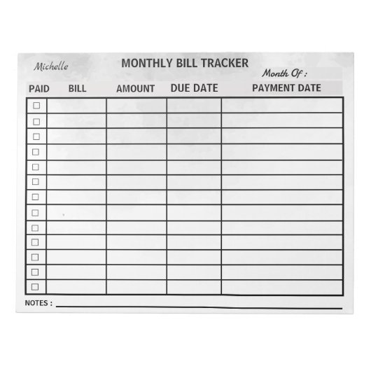 Fügen Sie Ihren Namen monatlich Bill Tracker Wasse Notizblock (Vorderseite)