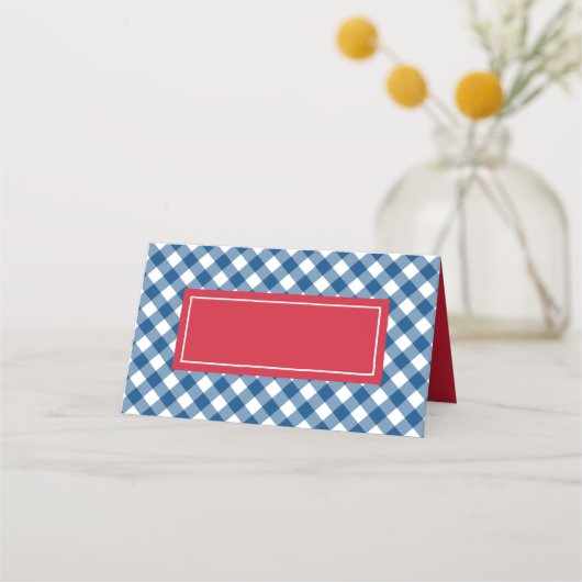Fügen Sie Ihren Text Blue Gingham Pattern mit Red Platzkarte (Vorderseite)