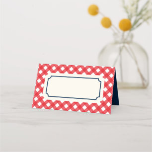 Fügen Sie Ihren Text Red Gingham mit Blue Border h Platzkarte