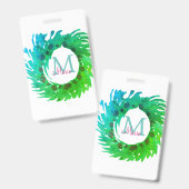 Fügen Sie monogramm rosa grüne Weihnachtskranz hin Ausweis (Vorder- & Rückseite)