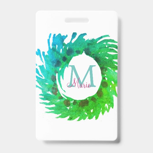 Fügen Sie monogramm rosa grüne Weihnachtskranz hin Ausweis (Vorderseite)