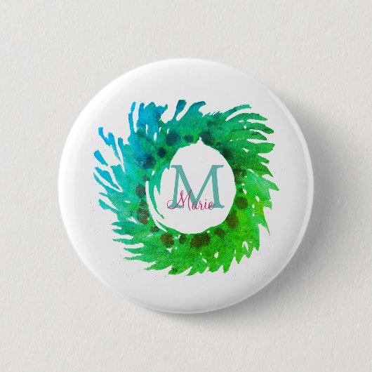 Fügen Sie monogramm rosa grüne Weihnachtskranz hin Button (Vorderseite)