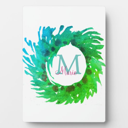 Fügen Sie monogramm rosa grüne Weihnachtskranz hin Fotoplatte (Vorderseite)