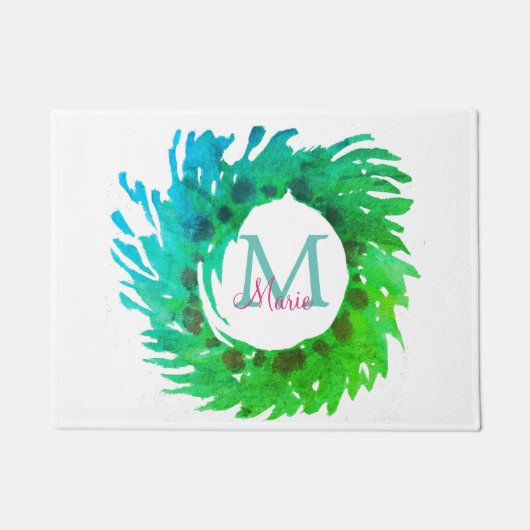 Fügen Sie monogramm rosa grüne Weihnachtskranz hin Fußmatte (Vorderseite)