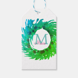 Fügen Sie monogramm rosa grüne Weihnachtskranz hin Geschenkanhänger