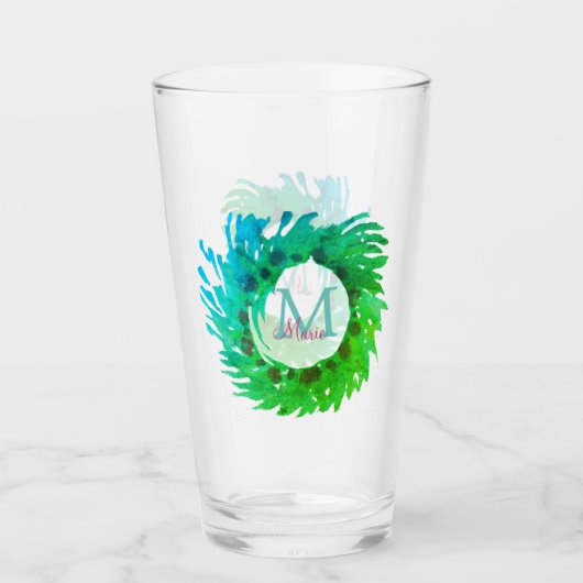 Fügen Sie monogramm rosa grüne Weihnachtskranz hin Glas (Vorderseite)
