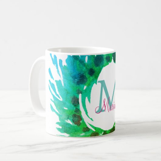 Fügen Sie monogramm rosa grüne Weihnachtskranz hin Kaffeetasse (Vorderseite Links)