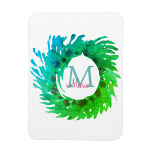 Fügen Sie monogramm rosa grüne Weihnachtskranz hin Magnet