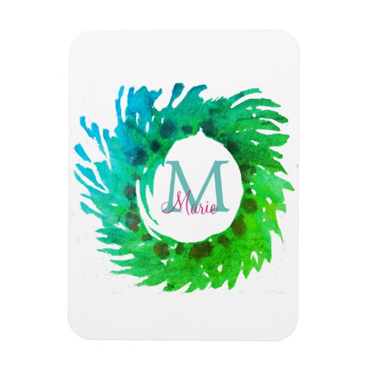 Fügen Sie monogramm rosa grüne Weihnachtskranz hin Magnet (Vertikal)