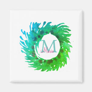 Fügen Sie monogramm rosa grüne Weihnachtskranz hin Magnet