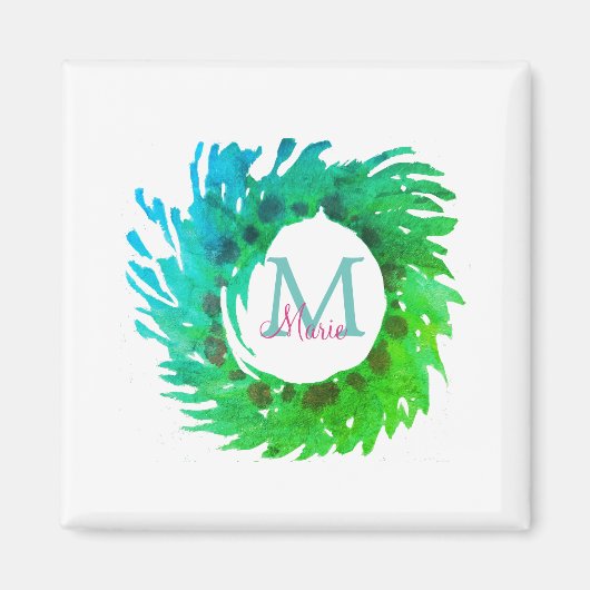 Fügen Sie monogramm rosa grüne Weihnachtskranz hin Magnet (Vorne)