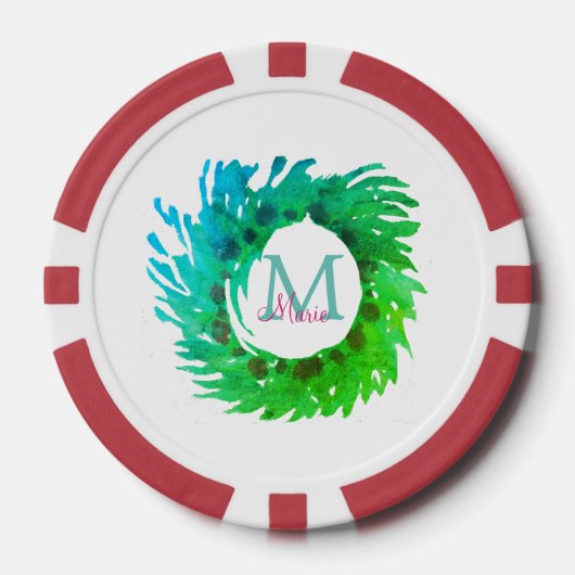 Fügen Sie monogramm rosa grüne Weihnachtskranz hin Pokerchips (Vorderseite)