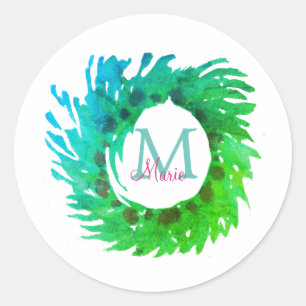 Fügen Sie monogramm rosa grüne Weihnachtskranz hin Runder Aufkleber