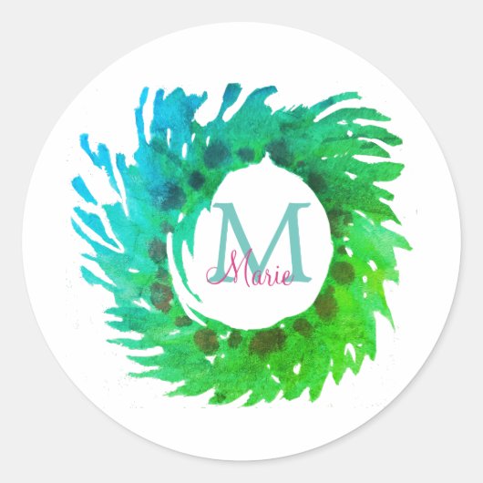 Fügen Sie monogramm rosa grüne Weihnachtskranz hin Runder Aufkleber (Vorderseite)