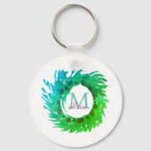 Fügen Sie monogramm rosa grüne Weihnachtskranz hin Schlüsselanhänger (Rückseite)