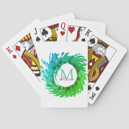 Fügen Sie monogramm rosa grüne Weihnachtskranz hin Spielkarten (Rückseite)