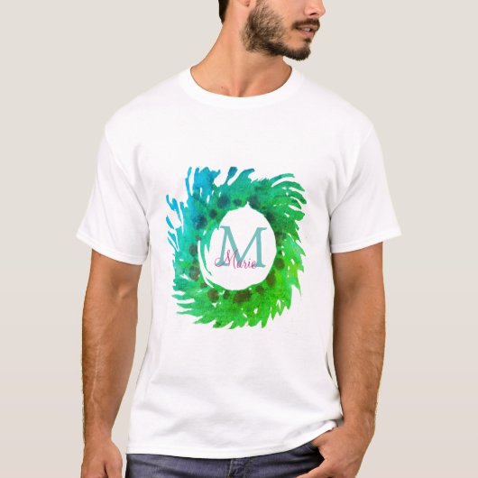 Fügen Sie monogramm rosa grüne Weihnachtskranz hin T-Shirt (Vorderseite)