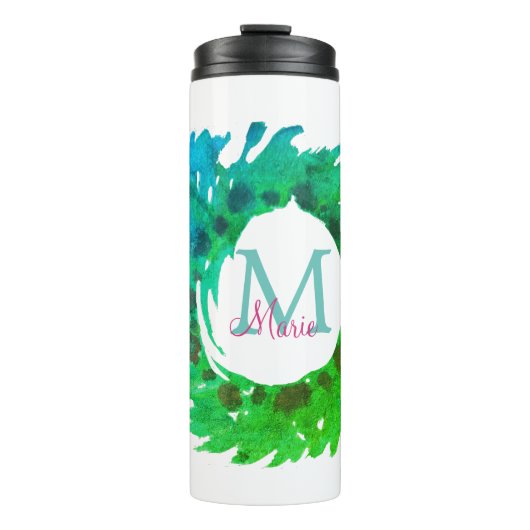 Fügen Sie monogramm rosa grüne Weihnachtskranz hin Thermosbecher (Vorderseite)