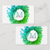 Fügen Sie monogramm rosa grüne Weihnachtskranz hin Visitenkarte (Vorne/Hinten)