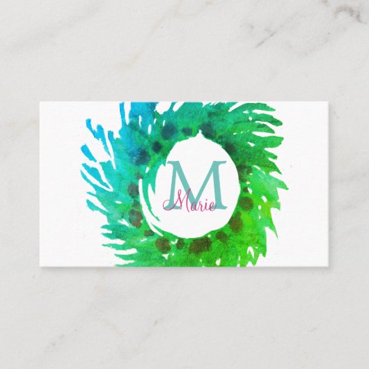 Fügen Sie monogramm rosa grüne Weihnachtskranz hin Visitenkarte (Vorderseite)