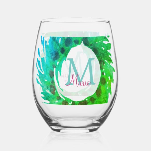 Fügen Sie monogramm rosa grüne Weihnachtskranz hin Weinglas Ohne Stiel (Vorderseite)