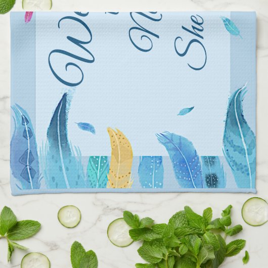 Fügen Sie Name Edit Text Sie Shed Boho Blue Feathe Geschirrtuch (Gefaltet)