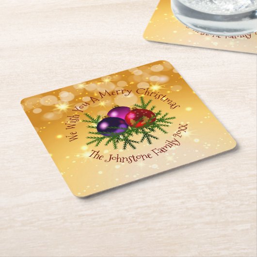 Fügen Sie Name Matching Christmas auf Gold Square Rechteckiger Pappuntersetzer (angewinkelt)
