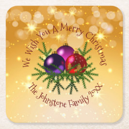 Fügen Sie Name Matching Christmas auf Gold Square  Rechteckiger Pappuntersetzer