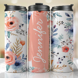 Fügen Sie Name Peach und Blue Floral Custom Gesche Thermosbecher