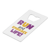 Führen Sie Embrace Life Lila Gelb aus Geldkarten Flaschenöffner (Vorderseite Schrägansicht)