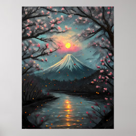 Fuji-Sonnenuntergang-Kirschblüten-Bergkunst Poster