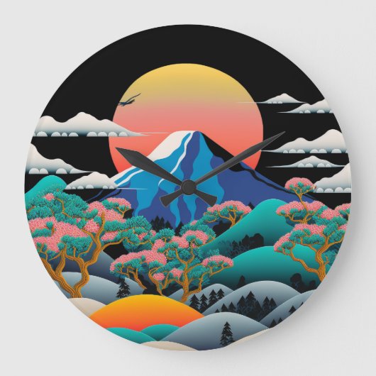 Fuji Sonnenuntergang und Kirschblüten Große Wanduhr (Vorderseite)