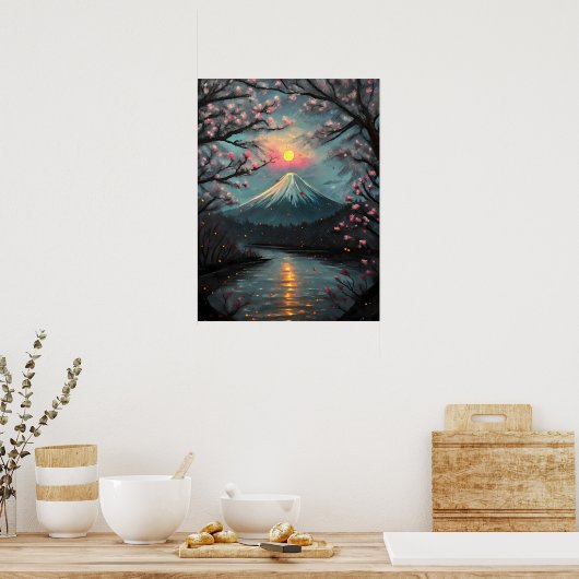  Fuji Sunset Cherry Blossom Mountain Art Poster (Küche)