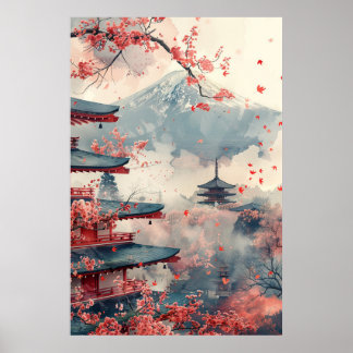 Fuji und Pagode – Klassische japanische Landschaft Poster