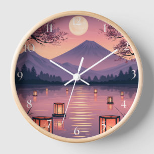 Fuji unter dem Mondlicht mit Kirschblüten und Late Uhr