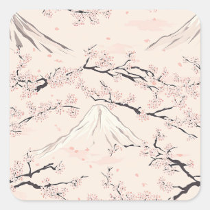 Fujisan mit Kirschblüten – Japanisch (1) Quadratischer Aufkleber