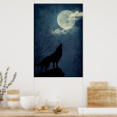 Full Blue Moon Howling Wolf Silhouette Poster (Küche)