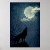 Full Blue Moon Howling Wolf Silhouette Poster (Vorne)