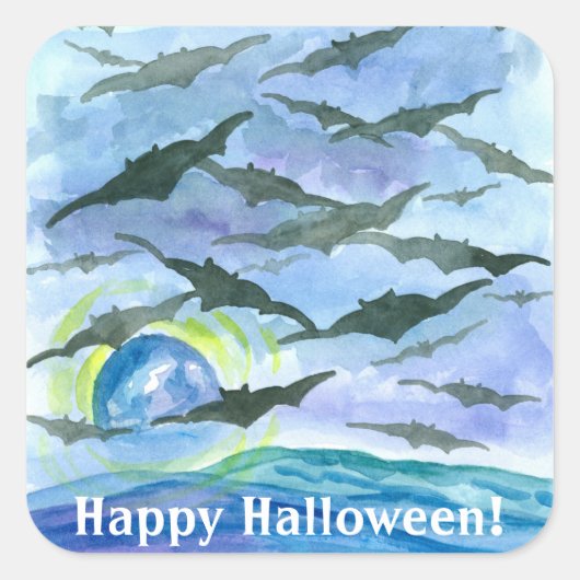 Full Moon Bats Happy Halloween Quadratischer Aufkleber (Vorderseite)