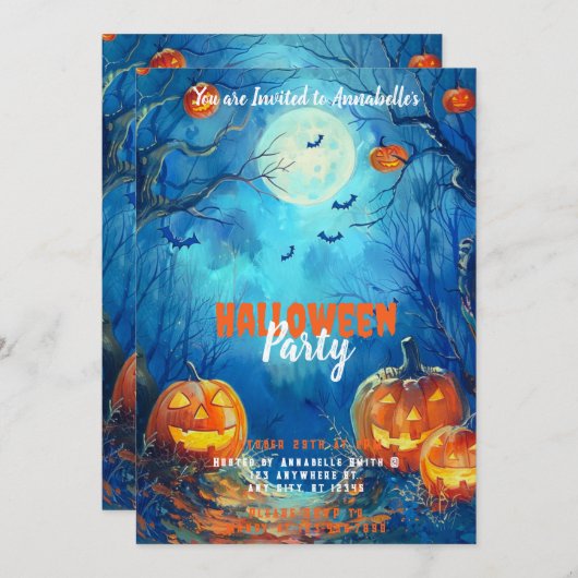 Full Moon Blue Jack-o' Lanterns Halloween-Party Einladung (Vorne/Hinten)