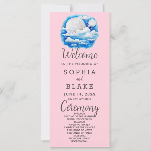 Full Moon Celestial Stars Pink Wedding Programm (Vorderseite)