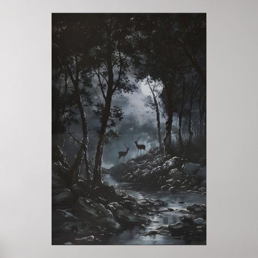 Full Moon Dark Forest with Fawn Deer Art Dark Poster (Vorne)