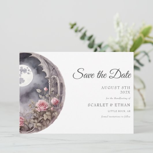 Full Moon Garden Door Pink Rose Boho Handfasting Save The Date (Stehend Vorderseite)