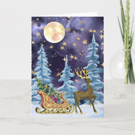 Full Moon Over Reindeer With Sleigh Karte (Vorderseite)