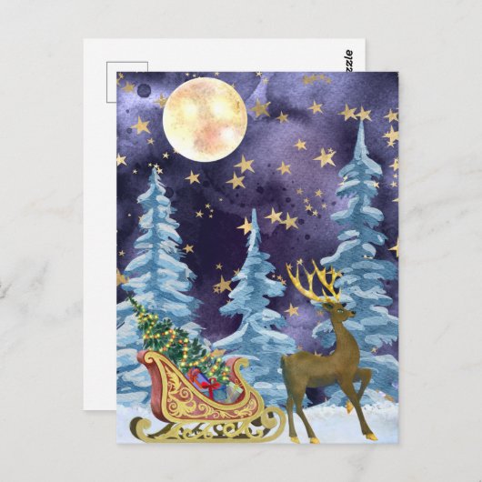 Full Moon Over Reindeer With Sleigh Postkarte (Vorne/Hinten)